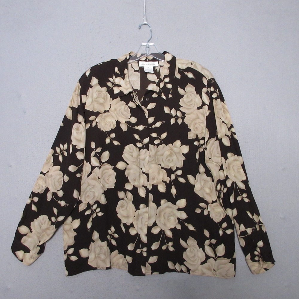 Vintage Jones‎ New York Top Plus 16 Brown Floral Silk Button Cottage Core
